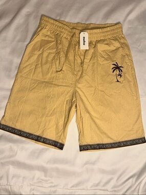 Men's Yellow Casual Palm-Print Drawstring Shorts